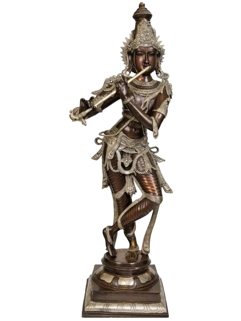 Handmade Brass Lord Krishna Statue – Flute Playing Design (Height: 34 Inches)