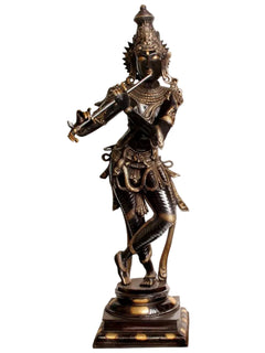 Handmade brass Krishna flute-playing statue in dark brown and gold finish, full figure