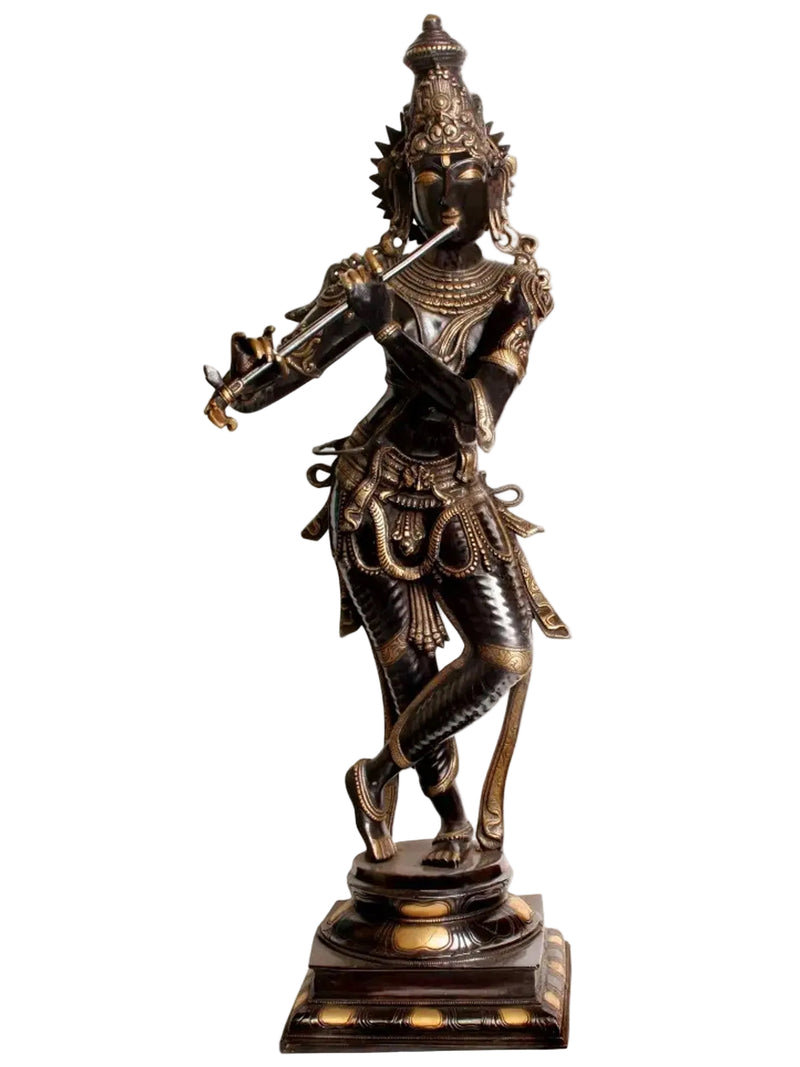 Handmade Brass Lord Krishna Statue – Flute Playing Design (Height: 34 Inches)