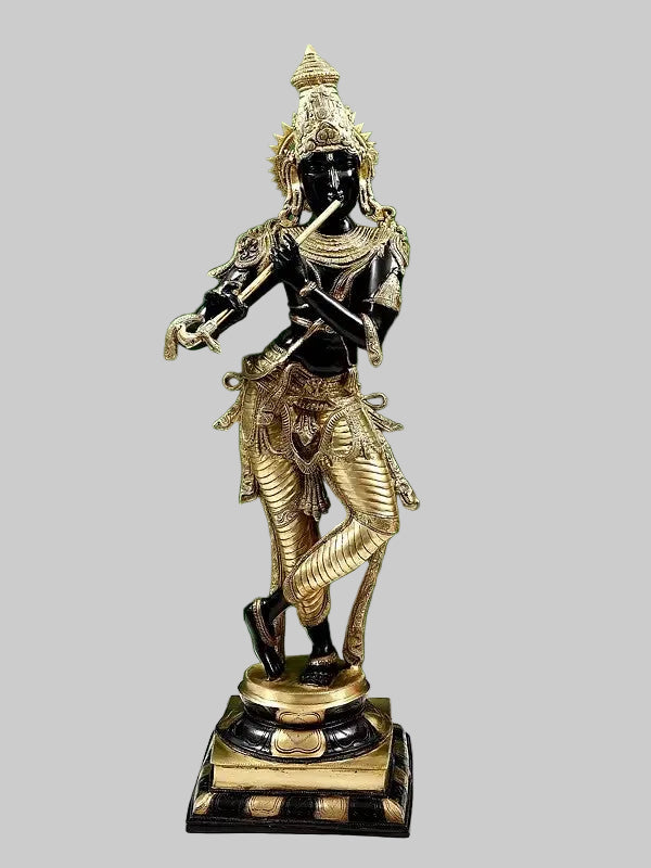 Handmade Brass Lord Krishna Statue – Flute Playing Design (Height: 34 Inches)