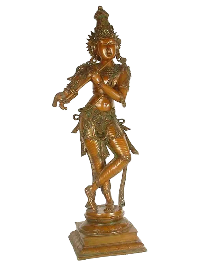 Handmade Brass Lord Krishna Statue – Flute Playing Design (Height: 34 Inches)