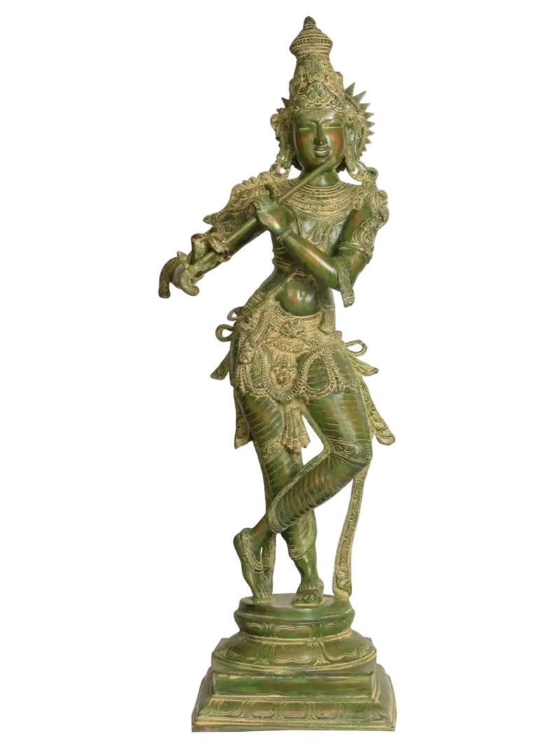 Handmade Brass Lord Krishna Statue – Flute Playing Design (Height: 34 Inches)