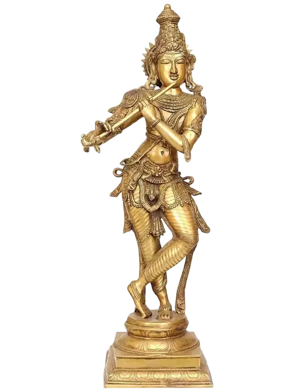 Handmade Brass Lord Krishna Statue – Flute Playing Design (Height: 34 Inches)