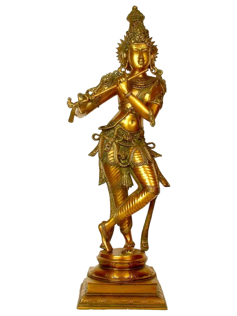 Handmade Brass Lord Krishna Statue – Flute Playing Design (Height: 34 Inches)