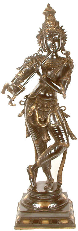 Handmade Brass Lord Krishna Statue – Flute Playing Design (Height: 34 Inches)
