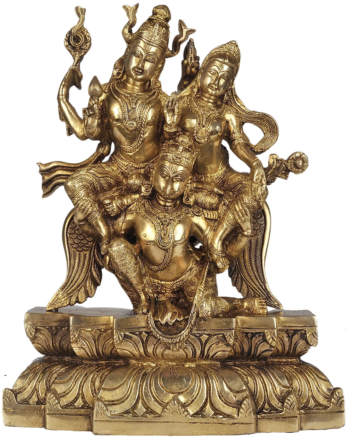 Premium Brass Statue of Lord Vishnu and Goddess Lakshmi Seated on Garuda (Height: 12 Inches)
