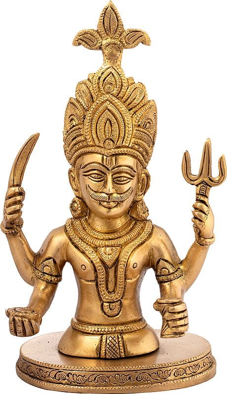 Brass Jain deity idol, seated on round base, raised hands with trident symbols