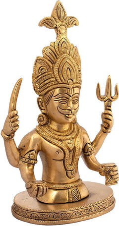 Brass Jain deity idol, detailed face and crown, raised arms on round pedestal base