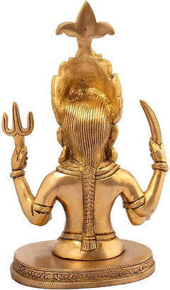 Brass Jain deity idol from behind, crown and back ornament, raised hands on base