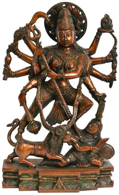 Handcrafted Brass Maa Durga Dashabhujadharini Statue | Traditional Hindu Goddess Sculpture for Home Decor (Height: 11 Inches)