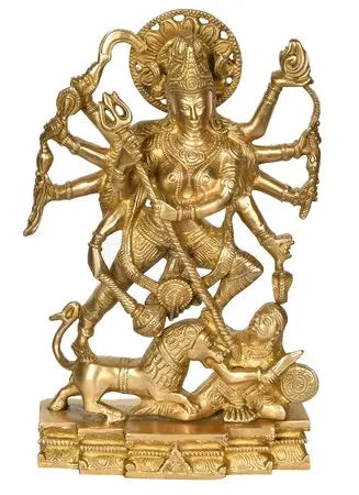 Handcrafted Brass Maa Durga Dashabhujadharini Statue | Traditional Hindu Goddess Sculpture for Home Decor (Height: 11 Inches) Craft Detail