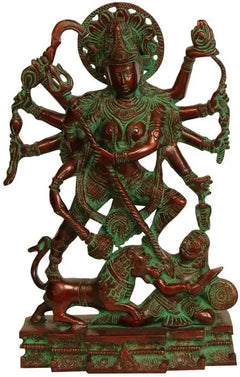 Handcrafted Brass Maa Durga Dashabhujadharini Statue | Traditional Hindu Goddess Sculpture for Home Decor (Height: 11 Inches)
