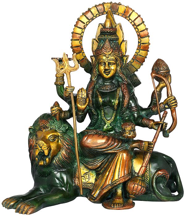 Handcrafted Brass Ashtabhuja Maa Durga Statue | Eight-Armed Goddess Seated on a Lion | Traditional Indian Artistry (Height: 12 Inches) Craft Detail