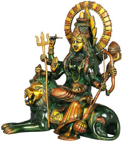 Handcrafted Brass Ashtabhuja Maa Durga Statue | Eight-Armed Goddess Seated on a Lion | Traditional Indian Artistry (Height: 12 Inches)