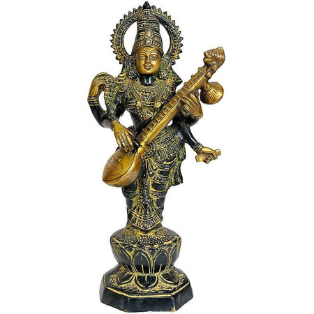 Handmade Saraswati Stands and Strums on Her Veena in Brass 13 inches