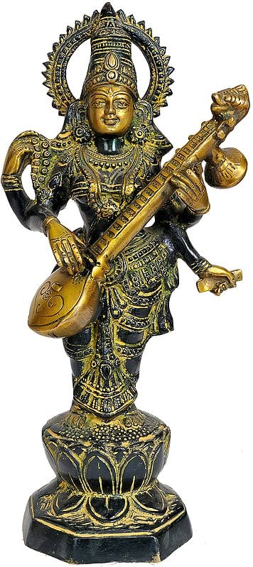 Handmade Saraswati Stands and Strums on Her Veena in Brass 13 inches