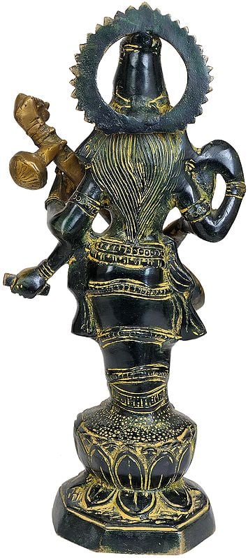 Handmade Saraswati Stands and Strums on Her Veena in Brass 13 inches