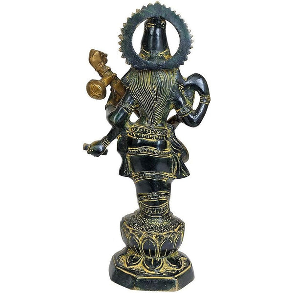 Handmade Saraswati Stands and Strums on Her Veena in Brass 13 inches Entryway Setting