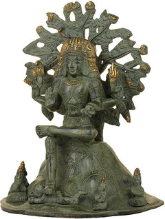 Dakshinamurti Shiva Messingstatue mit erhobener Hand und stilisierter Sonnenrückenaura