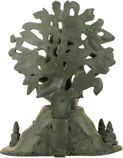 Rückansicht antike Messingfigur Dakshinamurti Shiva, große Blatt-Aura, seitliche Begleiter