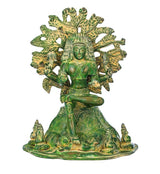 Dakshinamurti Shiva brass figurine with green chala finish, seated, 12 inch