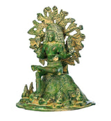 Seated Dakshinamurti Shiva brass statue with green chala, detailed halo, 12 inch
