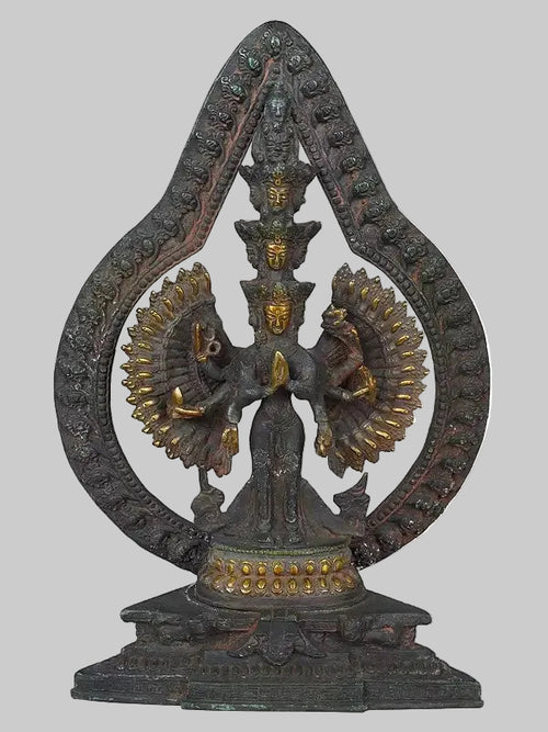 Brass Lord Avalokiteshvara Statue with Striking Aureole | Handmade Buddhist Sculpture for Home Decor (Height: 12 Inches)