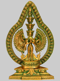 Brass Lord Avalokiteshvara Statue with Striking Aureole | Handmade Buddhist Sculpture for Home Decor (Height: 12 Inches)
