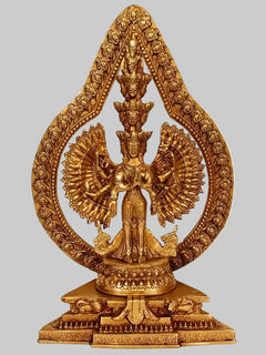 Brass Lord Avalokiteshvara Statue with Striking Aureole | Handmade Buddhist Sculpture for Home Decor (Height: 12 Inches)