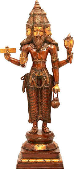 Large brass Lord Brahma statue, four arms holding lotus, cross and trident