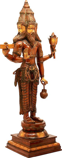 Large brass Lord Brahma statue, side view with crown and striped robe, holding lamp