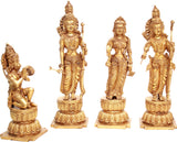 Handmade brass Rama Darbar statues, four deity figures on round pedestal bases