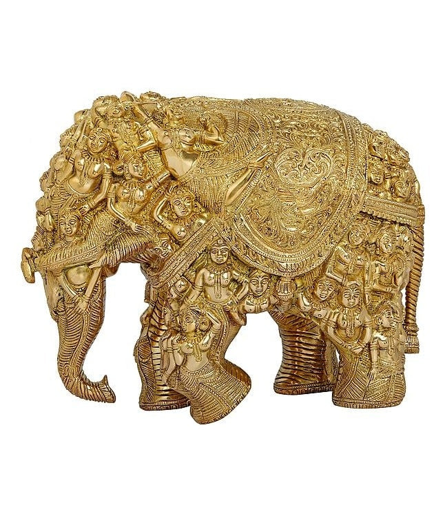 Natural brass elephant statue with ornate carvings and many figures, 11-inch height
