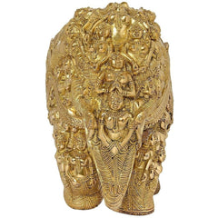 Front view brass elephant statue with detailed figures covering the body, 11-inch