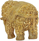 Side view natural brass elephant statue with intricate engraved figures, 11-inch