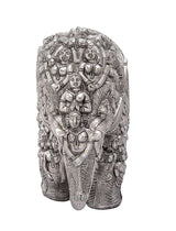 Silver brass elephant statue front view with many carved deity figures