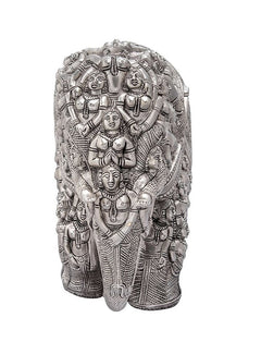 Silver brass elephant statue front view with many carved deity figures