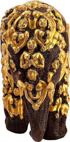 Brass Airavata elephant statue close-up of central deities and surrounding faces.