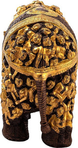 Brass Airavata elephant statue top dome with carved halo of many figures.