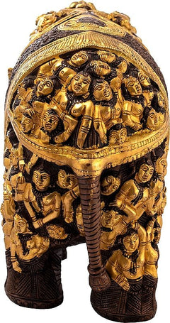 Brass Airavata elephant statue top dome with carved halo of many figures.