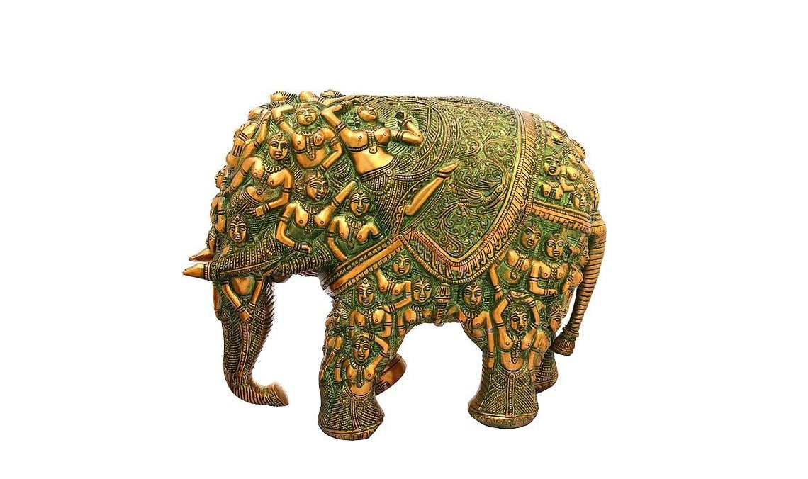 Brass elephant statue with ornate relief of many seated deities on its back