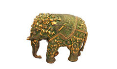 Brass elephant statue with ornate relief of many seated deities on its back