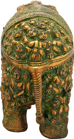 Rear view brass elephant statue with dense relief figures along the tail and legs