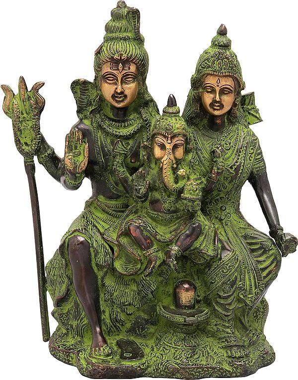 AONA 11-inch brass Shiva Parivar idol, dark green with black and gold detailing