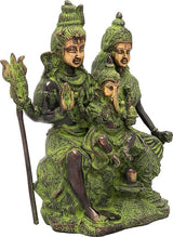 Shiva Parivar idol with seated figures, dark green brass finish, black and gold accents