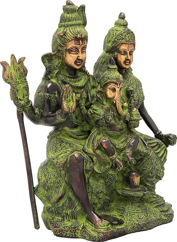 Handmade Brass Shiva Family (Shiva Parivar) Idol | 11 Inches black  green gold