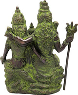 Rear view Shiva Parivar idol, dark green brass with black and gold ornament details