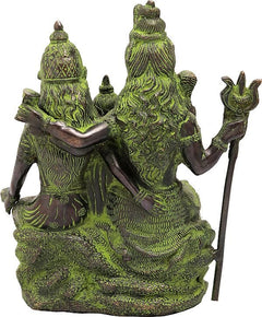 Rear view Shiva Parivar idol, dark green brass with black and gold ornament details