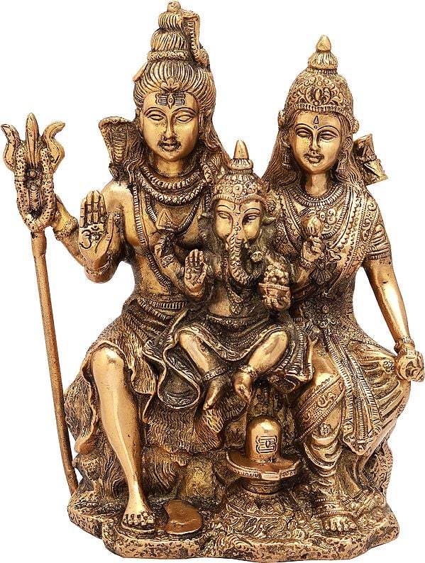 Natural brass Shiva family idol, 11 inches, seated figures with raised blessing hands