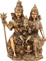 Natural brass Shiva family idol, 11 inches, seated figures with raised blessing hands